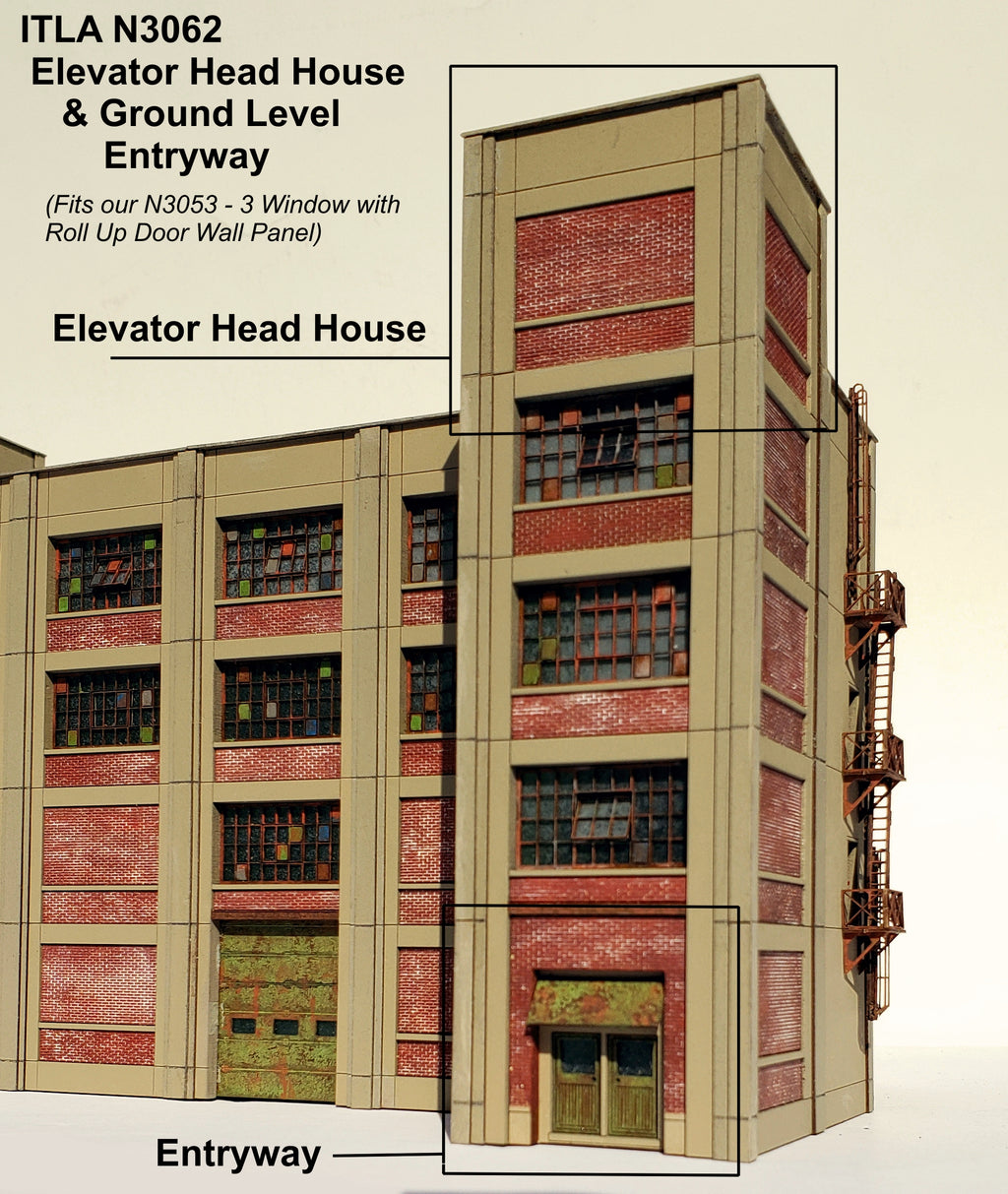N Scale Industrial Wall Module - 5th Story Elevator Head House & Ground Level Entryway - ITLA